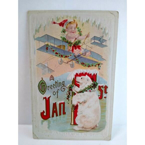 New Years Postcard Polar Bear Baby Flying Airplane Vintage Series 576 J Herman - Picture 2 of 4